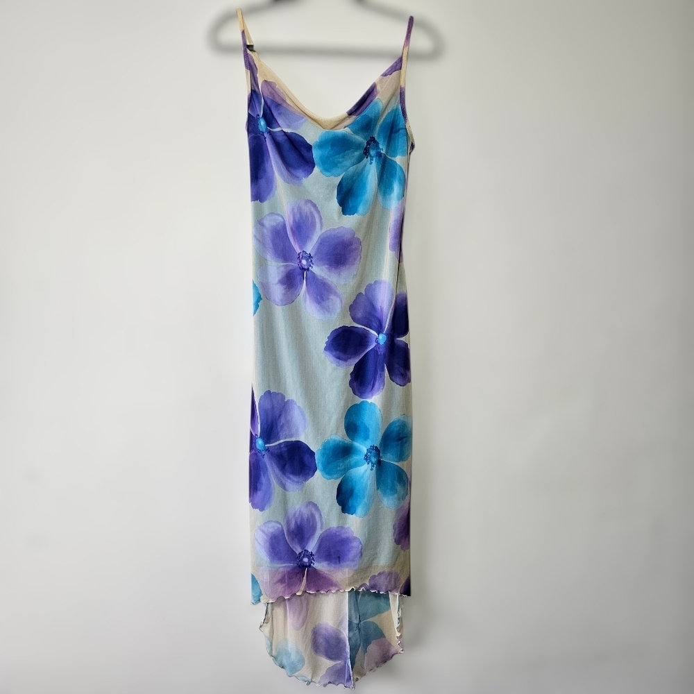 Vintage Floral Cowl Neck Midi Dress Size S Sheer High Low Hem EUC